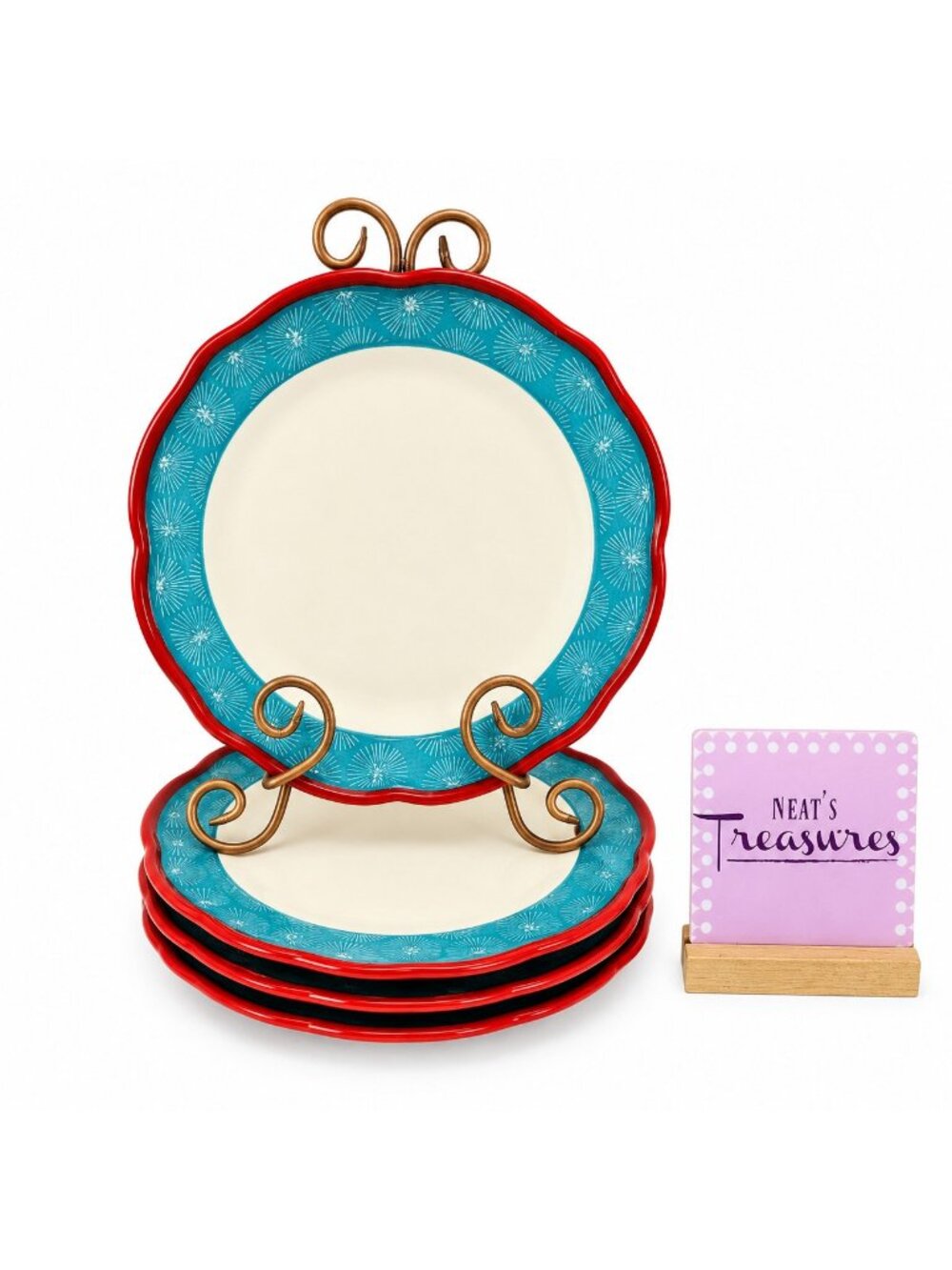 The Pioneer Woman HAPPINESS Red Teal Scallop Floral Stoneware Dinner Plate Set 4